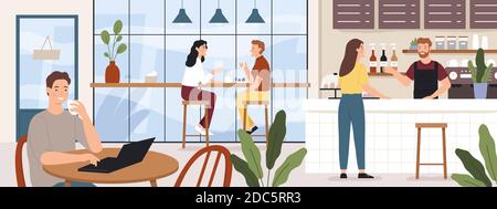 People in coffeehouse. Cafe interior with man and woman drinking coffees. Barista and customer in cafeteria or coffee shop, vector concept Stock Vector