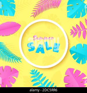 Summer Tropical palm leaves, plants in trandy paper cut style. White round frame 3d letters SALE on exotic blue pink leaves on yellow sunny background Stock Vector
