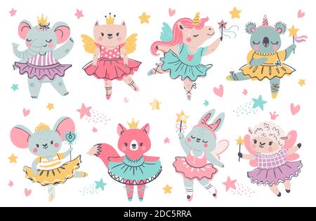 Animal fairy ballerina. Princess unicorn, bunny and koala with ballet tutu, wings and wand. Elephant with crown dance. Magic girl vector set Stock Vector