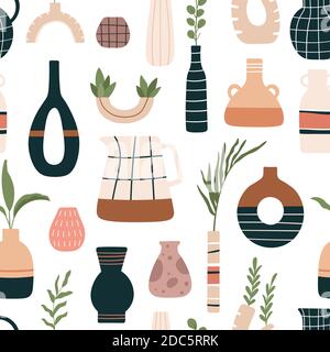 Vase seamless pattern. Ceramic vases, jugs and jars with tropical leaves in modern scandinavian style. Beautiful floral pottery vector decor Stock Vector