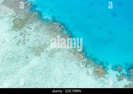 Top view aerial view. Beautiful relax sea shore landscape beach from drone with turquoise water with copy space text. Amazing summer beach landscape Stock Photo