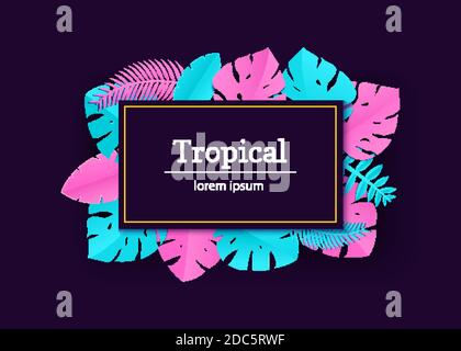 Composition with creative pink blue jungle leaves on dark violet background in paper cut style. Tropical leaf gold rectangle frame, template for Stock Vector