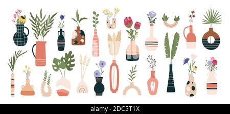 Floral vases. Blooming spring flowers, tropical leaves and herbs in jugs and teapots. Flat sunflowers, aster and protea flower vector set Stock Vector