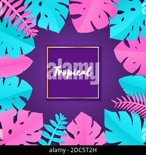 Composition with creative pink blue jungle leaves on violet background in paper cut style. Tropical leaf gold square frame, template for design poster Stock Vector
