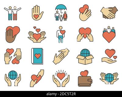 Friends care icons. Love and friendship icon. Line family protection and support, volunteer help, handshake and hand share heart, vector set Stock Vector