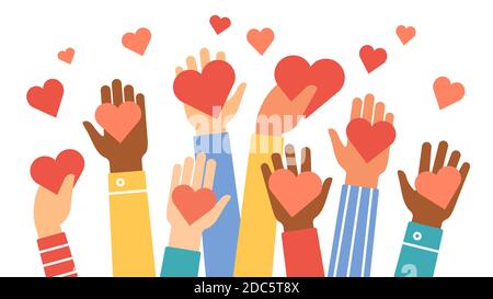 Hands donate hearts. Charity, volunteer and community help symbol with hand gives heart. People share love. Valentines day vector concept Stock Vector