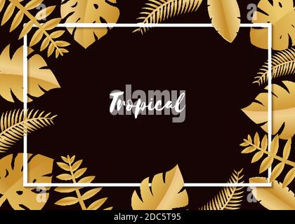 Composition with luxury golden jungle leaves on white background in paper cut style. Tropical white leaf frame, template for design poster, banner Stock Vector