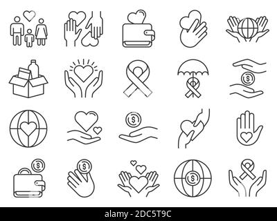Charity and donation icon. Hands donating money and hearts. Community support icons. Family adopt, food help, aids, love and care vector set Stock Vector