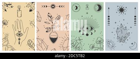 Mystical boho posters. Esoteric line prints with astrology symbols, crystals, potion, evil eye and occult hand. Tarot card vector concepts Stock Vector