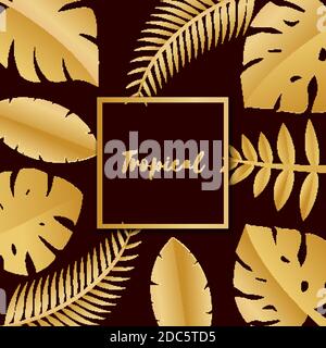 Composition with luxury golden jungle leaves on dark background in paper cut style. Tropical leaf gold square frame, template for design poster Stock Vector