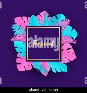 Composition with creative pink blue jungle leaves on violet background in paper cut style. Tropical leaf gold square frame, template for design poster Stock Vector