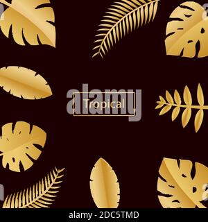 Composition with luxury golden jungle leaves on dark background in paper cut style. Tropical leaf gold square frame, template for design poster Stock Vector