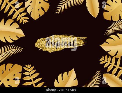 Composition with luxury golden jungle leaves on dark background in paper cut style. Tropical gold leaf frame, template for design poster, banner Stock Vector