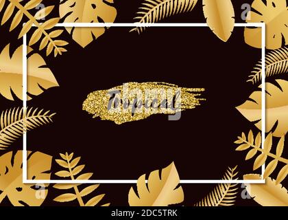 Composition with luxury golden jungle leaves on white background in paper cut style. Tropical white leaf frame, template for design poster, banner Stock Vector