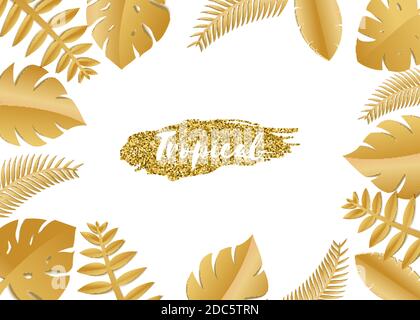 Composition with luxury golden jungle leaves on white background in paper cut style. Tropical gold leaf frame, template for design poster, banner Stock Vector