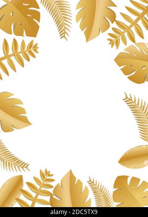 Composition with luxury golden jungle leaves on white background in paper cut style. Tropical gold leaf frame, template for design poster, banner Stock Vector