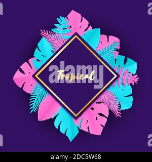 Composition with creative pink blue jungle leaves on violet background in paper cut style. Tropical leaf gold rhombus frame, template for design Stock Vector