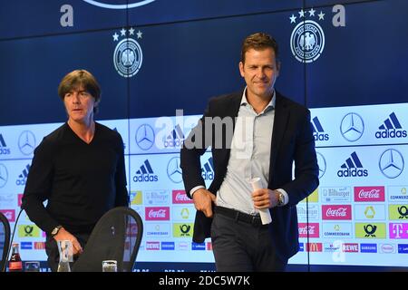 Munich, Deutschland. 19th Nov, 2020. Federal coach Joachim Jogi LOEW, LOW (GER) under pressure. Archive photo: from right: Oliver BIERHOFF (team manager GER). Federal coach Joachim Jogi LOEW, L‚A¶W (GER) after the press conference, leave the podium. World Cup analysis and squad presentation for the Nations League national game Germany-France, DFB press conference on August 29, 2018 in Muenchen, ¬ | usage worldwide Credit: dpa/Alamy Live News