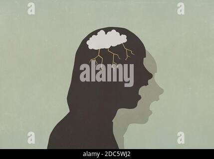 Profile silhouette screaming woman with storm cloud in head Stock Photo