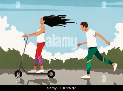 Man running behind carefree girlfriend on electric scooter Stock Photo