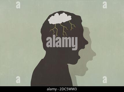 Silhouette angry man with storm cloud in head screaming Stock Photo