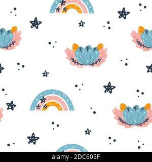 Cute spring nursery seamless pattern with boho rainbow and floral elements hand drawn in Scandinavian style isolated on white background vector illust Stock Vector
