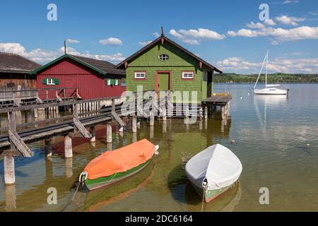 geography / travel, Germany, Bavaria, Schondorf at Ammersee (Lake Ammer), boat house at Ammersee (Lake, Additional-Rights-Clearance-Info-Not-Available Stock Photo