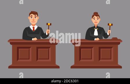Male and female judges in cartoon style. Illustration of judicial process. Stock Vector