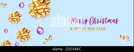 Christmas banner. Background Xmas design of realistic golden gift bows and glitter gold confetti, bauble ball on blue background. Horizontal christmas Stock Vector