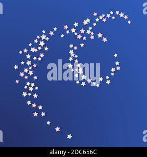 Cartoon colorful glossy stars on blue background. Beautiful pattern realistic colorful stars fly. Wave of 3d shining stars with hologram effect. Luxur Stock Vector