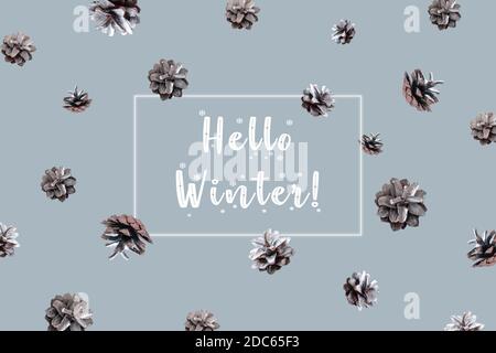 Hello winter hand lettering. Winter pattern with flying silver pine cones on blue background. Zero gravity concept. Stock Photo