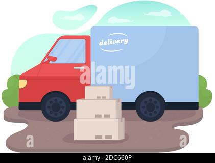 Delivery truck and package boxes 2D vector web banner, poster Stock Vector