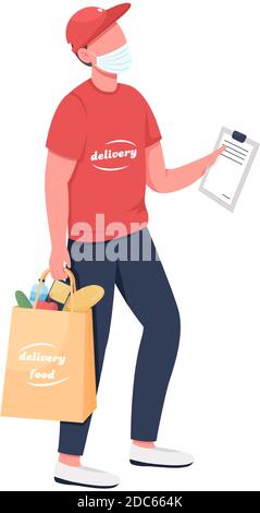 Groceries delivery carrier in mask flat color vector faceless character Stock Vector