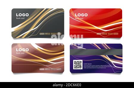 Set of bank credit cards template design examples with abstract illustration of wavy lines with magnetic stripe, front and back Stock Vector