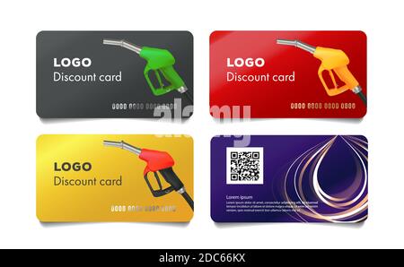 Set of discount card for gas station with realistic illustration of fuel gun and abstract drop on the back, isolated Stock Vector