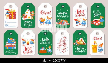 Bundle of winter sale labels with cute elf characters on Christmas holidays Stock Vector
