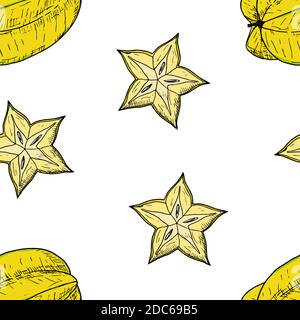 Seamless pattern of whole carambloa and carambloa slices. Vector cartoon background. Hand-drawn style. Stock Vector