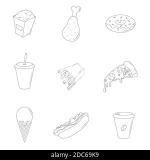 Fast food set. Isolated objects on a white background. Line icons. Stock Vector