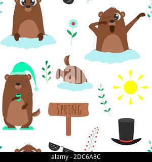 Seamless pattern of Groundhog day illustrations. Vector cartoon background. Flat design. Stock Vector