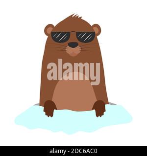 Groundhog in sunglasses coming out of its burrow. Vector cartoon illustration. Groundhog character. Isolated object on white. Groundhog day. Stock Vector