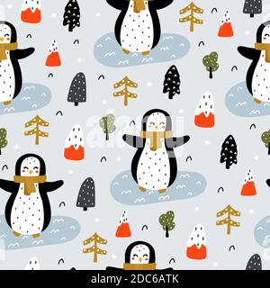 Cute seamless pattern in Scandinavian style with penguin with a scarf, mountains, Christmas tree, snow, ice and forest elements in winter colors hand Stock Vector