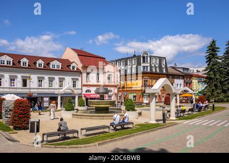 Poprad, Presov region / Slovakia - 2019/06/28: Panoramic view of the Poprad city center and St. Egidius square - Namestie svateho Egidia - in summer Stock Photo