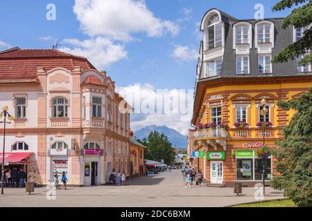 Poprad, Presov region / Slovakia - 2019/06/28: Panoramic view of the Poprad city center and St. Egidius square - Namestie svateho Egidia - with the Ta Stock Photo