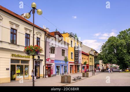 Poprad, Presov region / Slovakia - 2019/06/28: Panoramic view of the Poprad city center and St. Egidius square - Namestie svateho Egidia - in summer Stock Photo