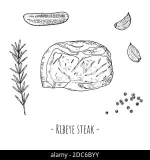 Ribeye steak. Vector cartoon illustration. Isolated object on a white background. Hand-drawn style. Stock Vector