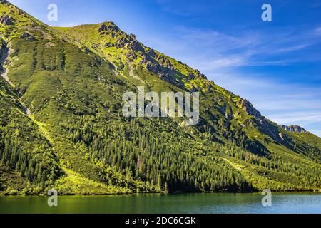 Morskie Oko mountain lake, surrounding forest, Miedziane and Opalony Wierch peaks in background in Tatra Mountains in Poland