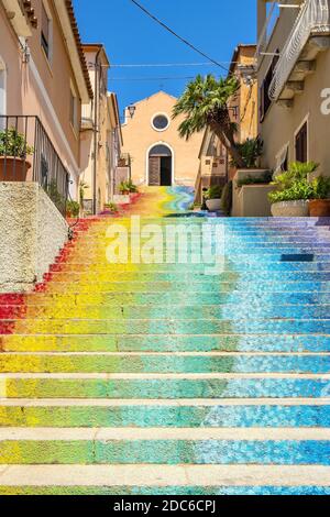 Arzachena, Sardinia / Italy - 2019/07/19: Famous stairs of Saint Lucia leading to the Church of Saint Lucia - Chiesa di Santa Lucia - in Arzachena, Sa Stock Photo