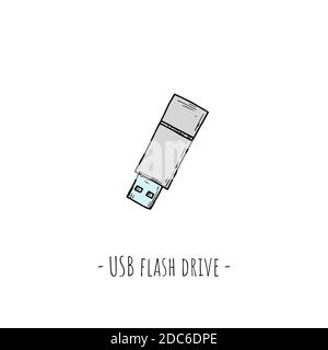USB flash drive. Isolated object on a white background. Vector cartoon illustration. Hand-drawn style. Stock Vector