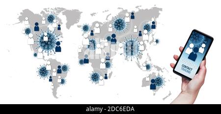 Contact Tracing COVID-19 Corona Virus Tracking App concept, hand holding cell phone with application design on screen in front of world geographic map Stock Photo