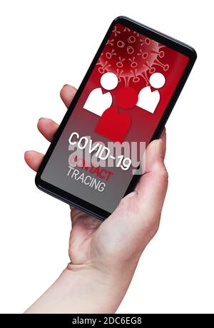 Contact Tracing COVID-19 Corona Virus Tracking App concept, hand holding cell phone with application design on screen isolated on white background Stock Photo